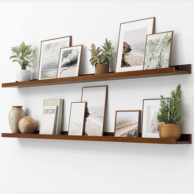 Picture Ledge Shelf, Floating Shelves Set of 2, Solid Pine Wood 72'' Long Large Nursery Book Shelves for Toys Storage, Kids Bookshelf for Living Room Bedroom Decor Books Photo Frames, Walnut-Ruum Studio Home