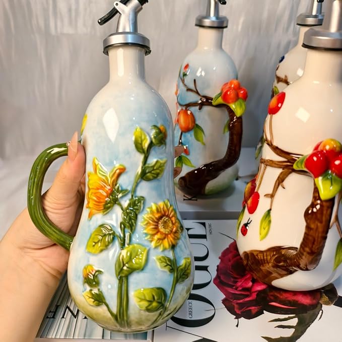 18 Oz Hand Painted Relief Ceramic Olive Oil Bottle Dispenser for Kitchen, Oil and Vinegar Bottle, Seasoning Bottle with Stainless Steel Nozzle, 540mL Oil Container with Handle for Cooking, Light Proof-Ruum Studio Home