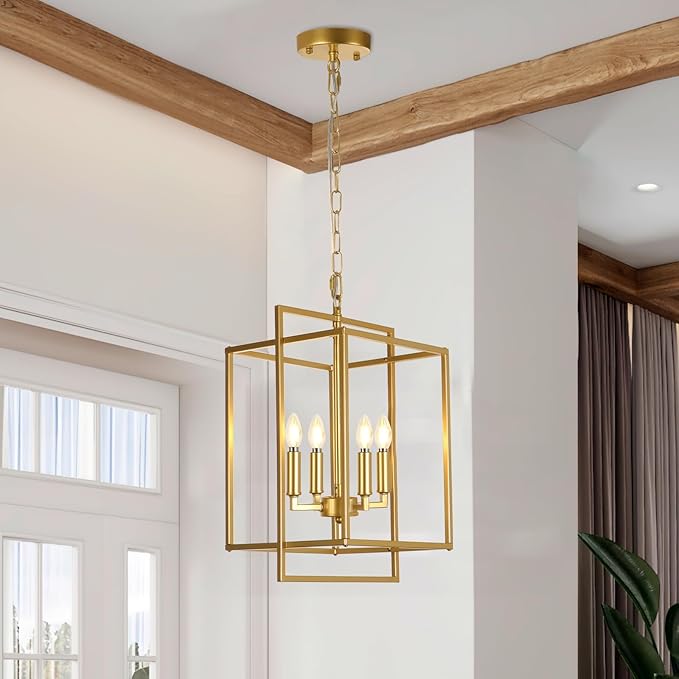 Farmhouse Gold Chandelier, 4-Light Vintage Chandeliers for Dining Room, Adjustable Modern Rustic Metal Hanging Pendant Light Fixture for Entryway Foyer Kitchen Island Hallway-Ruum Studio Home