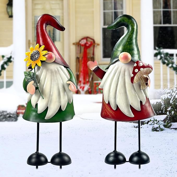 HONGLAND Metal Gnome Yard Art Outdoor Gnomes Garden Statue 18 Inch Gnome Figurine Decorative Stakes for Holiday Christmas Lawn Patio Yard Garden Decor-2 PCS-Ruum Studio Home