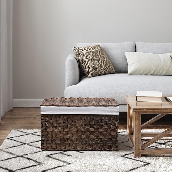 Wicker Storage Basket with Lid, 17.2 Gallon (65L) Small Blanket Basket with Lid, Woven Storage Bin with Handles, Removable Liner, Metal Frame, Foldable, for Bedroom, Laundry Room, Brown-Ruum Studio Home