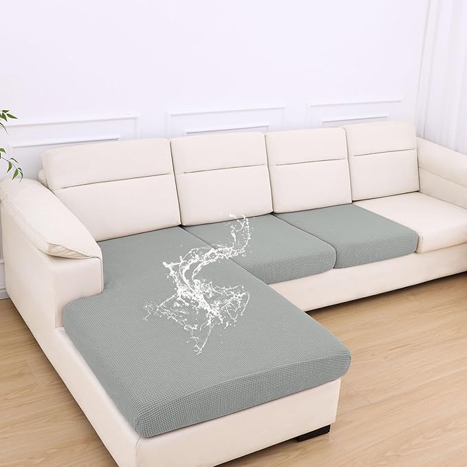 hyha Waterproof Couch Cushion Covers for Pets, Non Slip Sofa Seat Cover for Dogs Washable, Soft Thick Stretch Jacquard Fabric, Sofa Slipcovers with Elastic Bottom (1 Chaise+2 Seater, Light Grey)-Ruum Studio Home