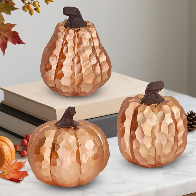 Large Pumpkin Decor Set of 3, Resin Pumpkins Thanksgiving Table Decor,5.9 Inch Faux Pumpkins Suitable for Fall Home Decor,Fall Table Decorations,Fall Mantel Decor (Gold)-Ruum Studio Home
