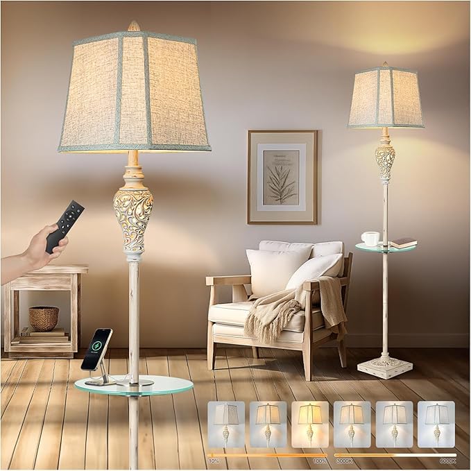 Rustic Floor Lamp, Living Room Lamps with Glass Tray, stepless diming Floor Lamp with Remote Control and USB A&C Charging Ports for Living Room Bedroom Office Smart Bulbs Included-Ruum Studio Home