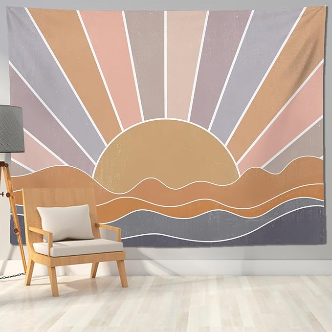 keowhsf Boho Sun Mountain Tapestry Wall Hanging - Retro 70s Vintage Rainbow Sunrise Sunset Design, Abstract Geometric Hippie Art Tapestry for Bedroom, Living Room & Dorm Decor-Ruum Studio Home