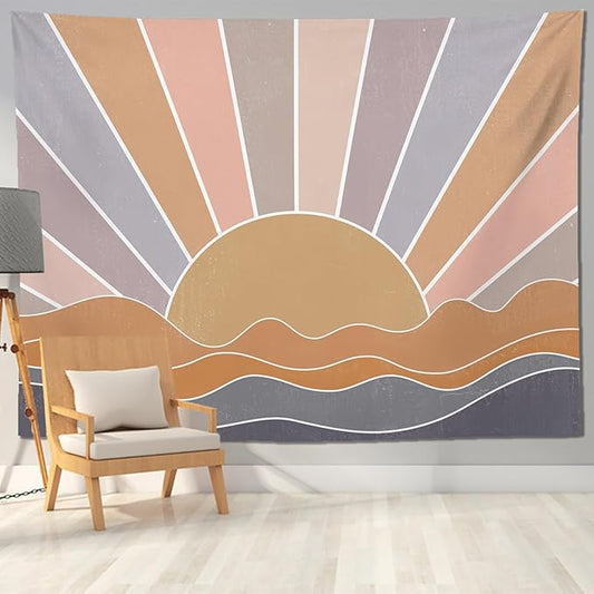 keowhsf Boho Sun Mountain Tapestry Wall Hanging - Retro 70s Vintage Rainbow Sunrise Sunset Design, Abstract Geometric Hippie Art Tapestry for Bedroom, Living Room & Dorm Decor-Ruum Studio Home