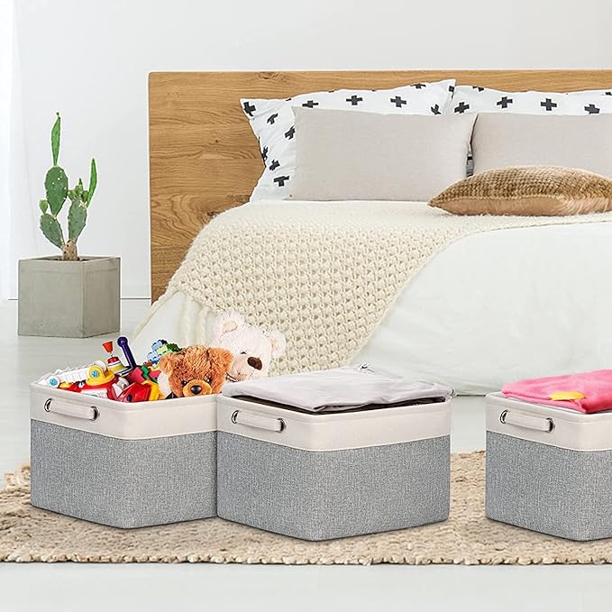 Kntiwiwo Storage Baskets for Closet 15" x 10" x 9.5" Fabric Storage Bins for Shelves Decorative Storage Cubes with Handles Large Linen Closet Organizer Bins for Home, Set of 3, Grey-Ruum Studio Home