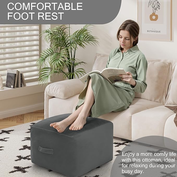 MeMoreCool Square Stuffed Pouf Ottoman Foot Rest, Floor Pouf Foot Stool with Foam Chunk Filling, Soft Stuffed Ottoman Footrest for Living Room, Dark Grey-Ruum Studio Home