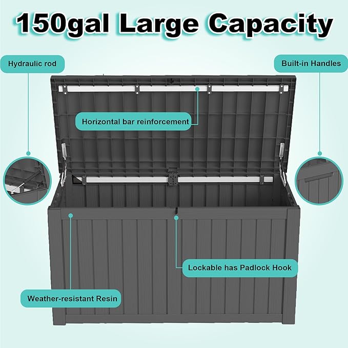 150Gal Outdoor Deck Box Waterproof, Lager Patio Storage Box Indoor and Outdoor Use, Lockable Resin Storage Bin for Patio Furniture Cushions Garden Tools, Package Delivery,UV Resistant-Black-Ruum Studio Home