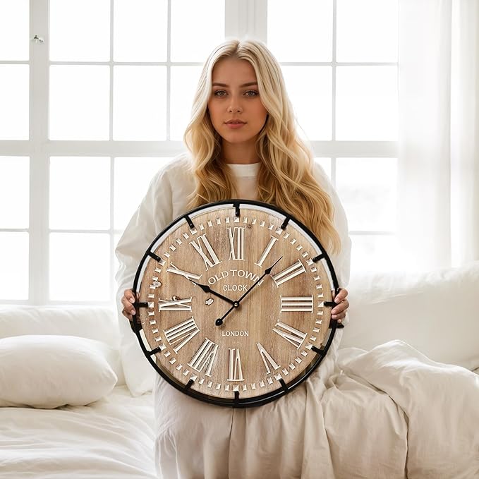 20 Inch Grand Farmhouse Wall Clock, Vintage-Inspired Wood & Metal Design with Large Etched Numbers, Silent Battery-Powered Timepiece for Offices, Kitchens, Bedrooms, and Living Rooms-Ruum Studio Home