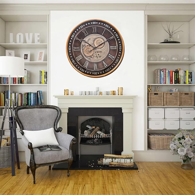 CLXEAST 24 Inch Wall Clock with Moving Gears,Oversized Large Industrial Steampunk Clock, Antique Gold Metal Roman Numeral Wall Clocks for Farmhouse Living Room Decor-Ruum Studio Home
