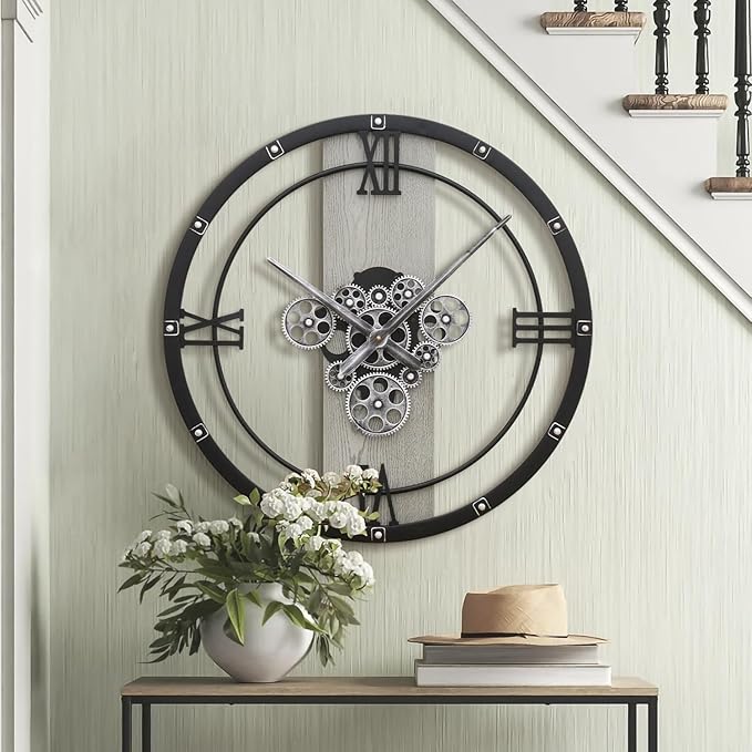 Micasso 24 inch Large Real Moving Gears Wall Clock: Black Industrial Steampunk Roman Numeral Clock - Modern Wall Decor for Living Room/Entryway/Office-Ruum Studio Home