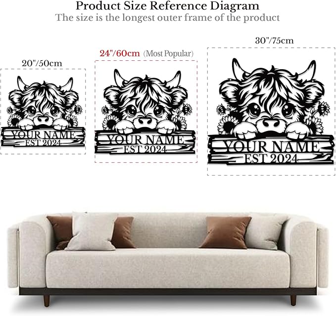 Personalized Highland Cow Name metal Signs,Custom Highland Cow Metal Shed Wall Decor,Black Metal Wall Art Plaques Outdoor wall Decorative Signage (Style D)-Ruum Studio Home