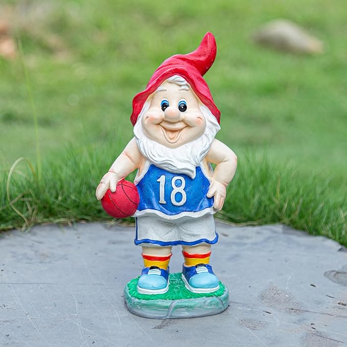 Outdoor Garden Sculpture Sports Garden Gnome with Basketball, 9.5 Inch Decorative Resin Statue, Red and Blue Jersey, Indoor Outdoor Decor A for Basketball Enthusiasts-Ruum Studio Home