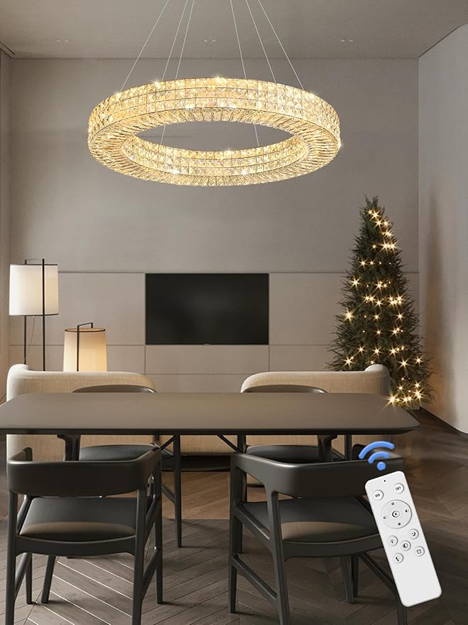 Dia 32" Ring Crystal Chandelier Modern Silver Ring Chandelier Adjustable Height Luxury Crystal Pendant Ceiling Light Fixture for Dining Living Room Bedroom-Ruum Studio Home