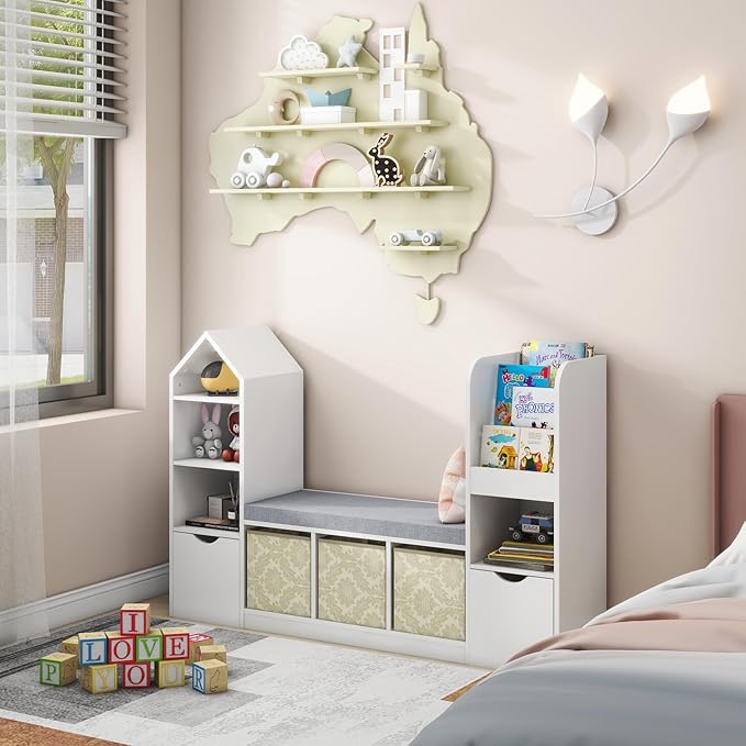 Vabches Kids Bookcase and Bookshelf with Reading Nook, Multifunctional Bookcase with 7 Storage Cubbies 2 Movable Drawers, Bookcases with Seat Cushion for Toy Storage Organizer Children's Room, Bedroom-Ruum Studio Home