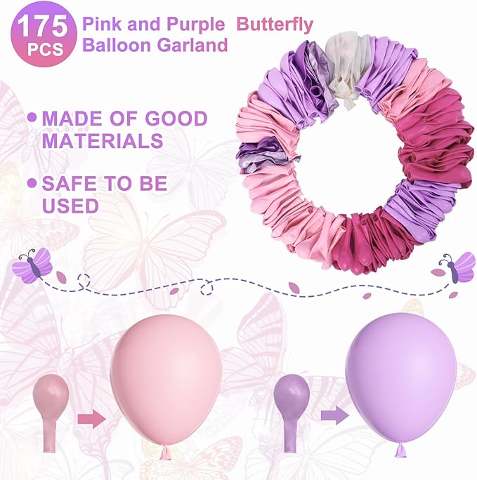 Amandir 175Pcs Pink and Purple Balloon Garland Arch Kit Butterfly Baby Shower Decorations for Girl, Lavender Purple Dusty Pink Balloon for Women Birthday Bridal Shower Wedding Party Supplies-Ruum Studio Home