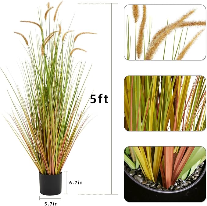 KOL Artificial 5ft 2-Pack Horsetail Reed Grass, 59in Tall Artificial Indoor Outdoor Fake Grass Plant, Home Office Décor Artificial Plants in Pot Faux Plant Greenery, Wedding Decor - Yellow-Ruum Studio Home