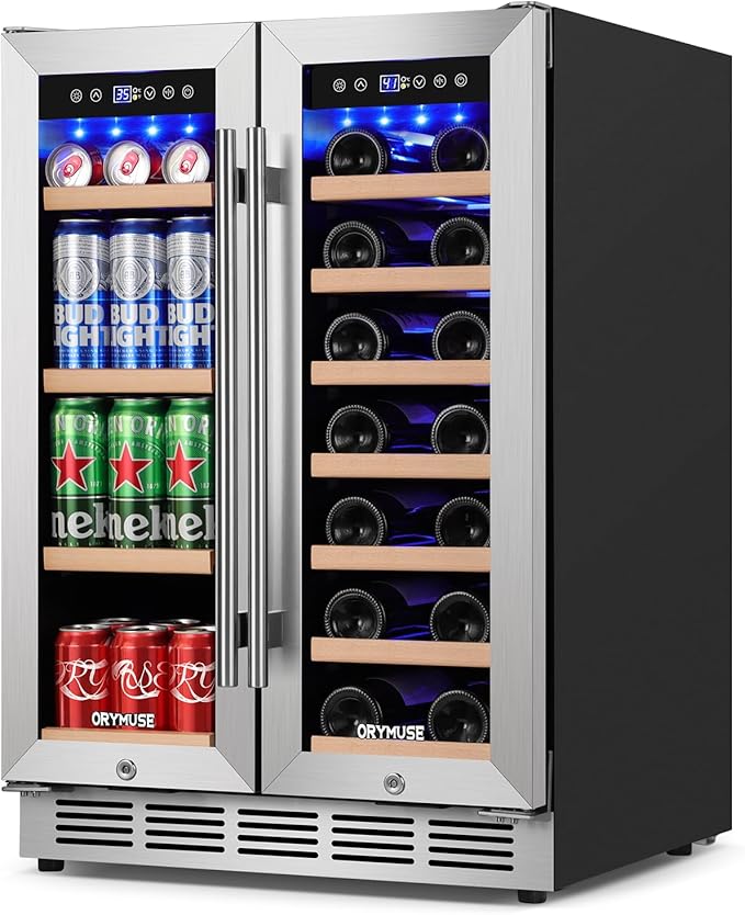 24 Inch Dual Zone Wine and Beverage Refrigerator, Built-in or Freestanding Cooler with French Doors, Drink Fridge with Upgraded Compressor for Beer, Wine, and Soda-Ruum Studio Home