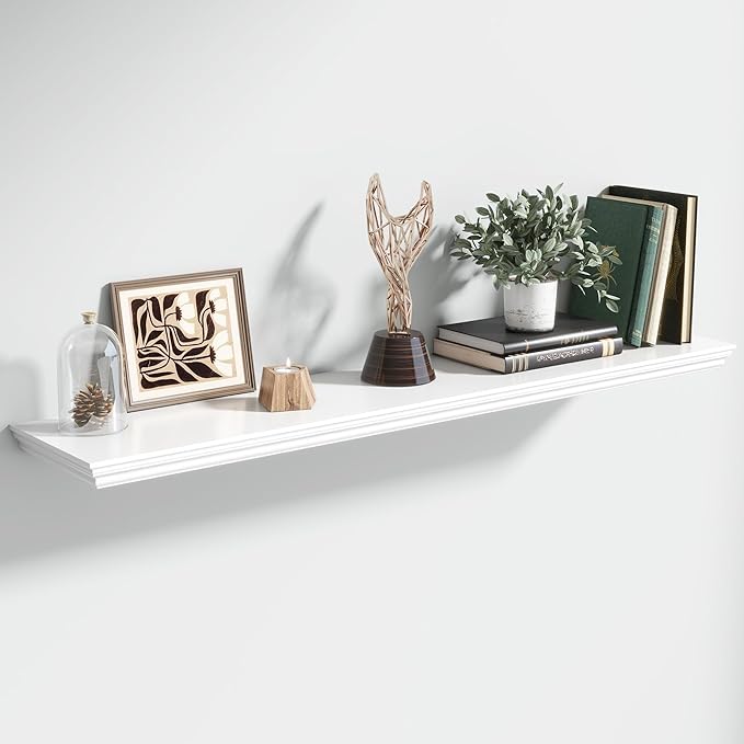 Floating Shelves for Wall, 48 Inch Long Wall Mounted White Hanging Shelf for Kitchen, Living Room, Office, Bedroom, Bathroom, Retro Vintage Wood Bookshelf for House Decor-Ruum Studio Home