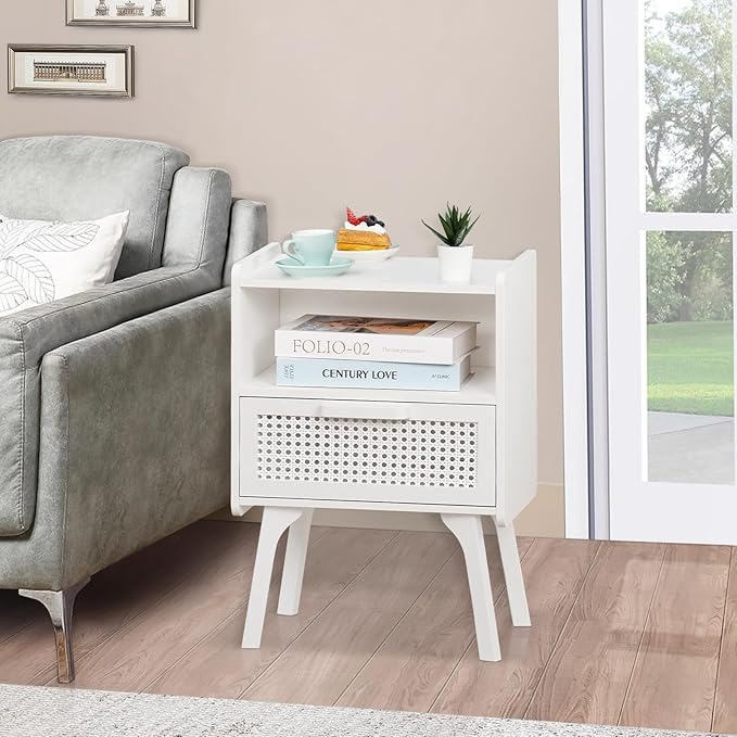 Lerliuo Rattan Nightstands Set of 2, Side Table with Drawer Open Shelf, Cane Accent Bedside End Table with Solid Wood Legs, Mid Century Modern Night Stand for Bedroom, Dorm and Small Spaces (White)-Ruum Studio Home