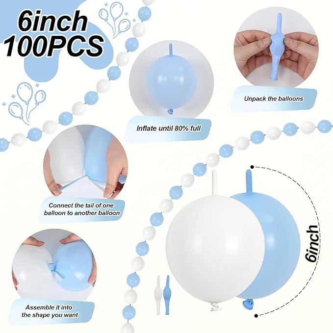 100PCS Blue and White Link Balloons, Baby Light Blue White Linking Balloons with Tail for Making Balloon Wall Arch and Chains, Quick Balloon for Wedding Birthday Baby Shower Party Decorations (6inch)-Ruum Studio Home