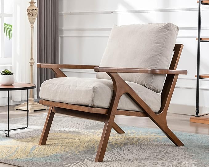 HNY Set of 2 Mid Century Accent Chair, Faux Leather Upholstered Armchair with Wood Frame and Canvas Cushions, Leisure Reading Chair Slipper Chair for Living Room, Bedroom, Beige-Ruum Studio Home