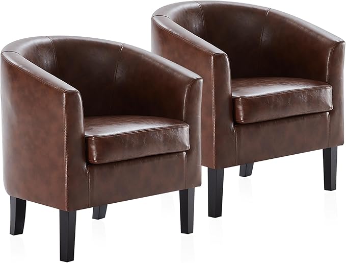 BELLEZE Accent Barrel Chair, Set of 2 Faux Leather Round Club Tub Sofa Corner Chair with Flared Legs and Cozy Soft Padding for Living Room Bedroom Waiting Room - Caramel-Ruum Studio Home