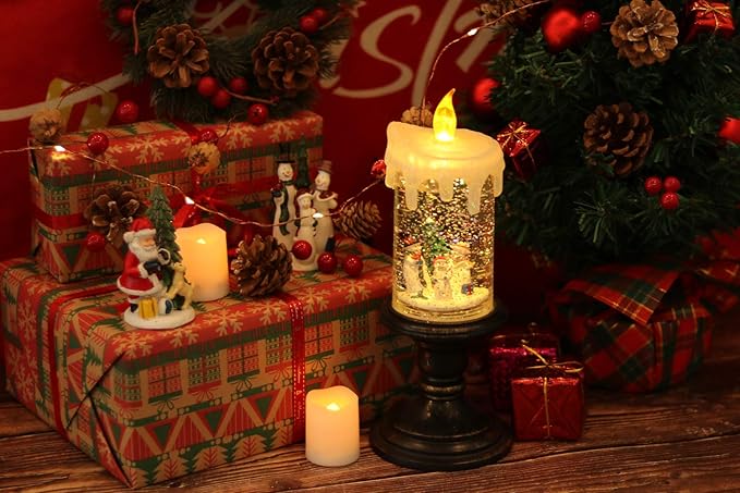 Eldnacele Christmas Snow Globe Candle Battery Operated Lighted Flameless Candles Light Swirling Water Glittering Spinning Candles for Home Decoration(Snowmen Family)-Ruum Studio Home