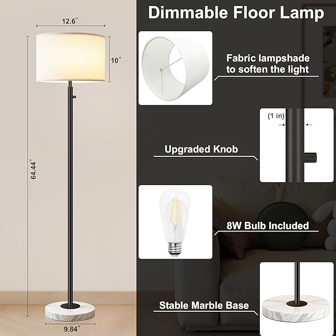 Floor Lamp for Bedroom,Modern Floor Lamp for Living Room,Standing Lamp with Marble Base,Tall Standing Lamp for Bedroom,Reading,Office & Kids' Room,LED Bulb Included(Black)-Ruum Studio Home
