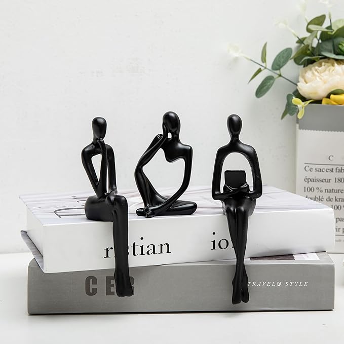 Home Decor Thinker Statue Accents, Set of 3 Thinker Sculptures Office Decor Modern Abstract Resin Decoration on Shelf Table Desk for Living Room Office Bedroom (Small Black)-Ruum Studio Home