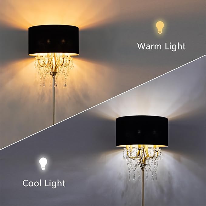 Wellmet Gold Crystal Drum Shade Floor Lamp, 6 Light Black Gold Shade, Candle Base for Living Room, Bedroom, Reading Room, Hallway, Corridor-Ruum Studio Home
