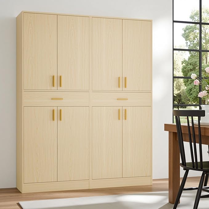 Cozy Castle Pantry Cabinet, 71" Tall Kitchen Storage Cabinet with Doors and Shelves, Freestanding Wood Cupboard Utility Hutch with Drawer for Dining Room Living Room Bathroom Furniture, Oak-Ruum Studio Home