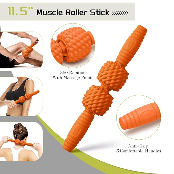 5-in-1 Foam Roller Set, Massage Roller Stick, Massage Ball, Resistance Band for Deep Muscle Massage, Trigger Point Release, Pilates, Yoga (Orange)-Ruum Studio Home