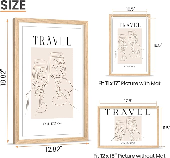 upsimples 12x18 Frame, Natural Solid Wooden Picture Frames, Display 11x17 with Mat or 12 x 18 Without Mat, Vertical or Horizontal Wall Hanging, 1 Pack, Natural-Ruum Studio Home