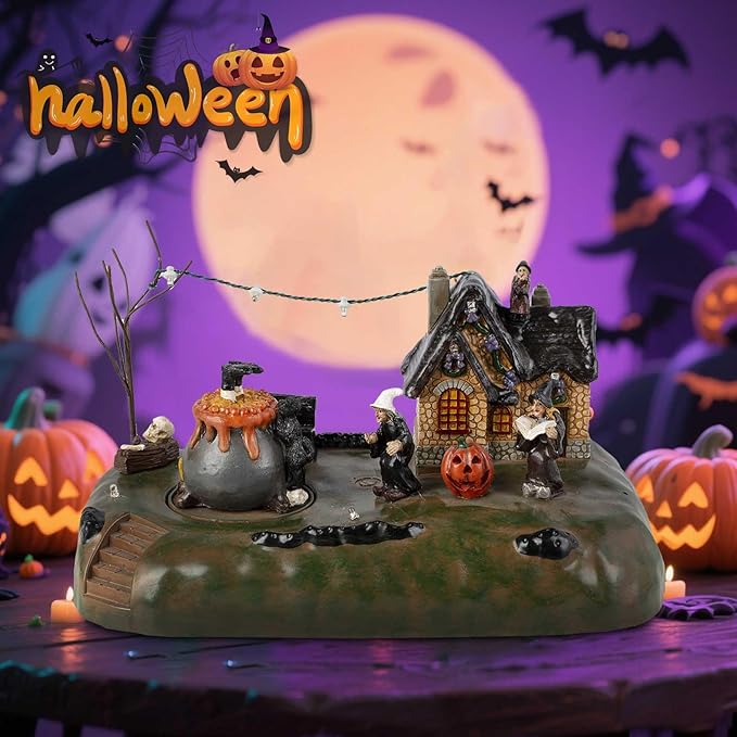 Halloween Village Witch Cauldron Bubble Figurine with Lit House Spooky Town Indoor Decoration Accessories for Holiday Display, Battery Operated-Ruum Studio Home