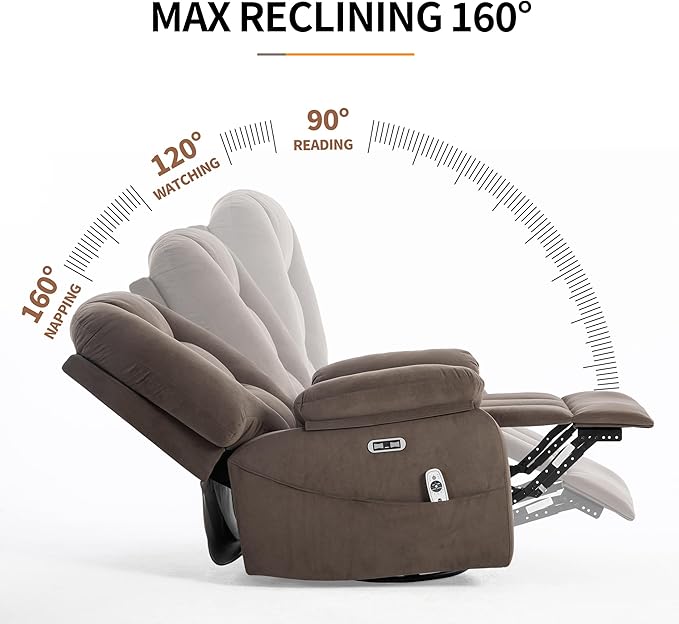 Power Swivel Rocker Recliner Chair for Adults,Rocking Recliners Chairs with Massage and Heat for Living Room, Electric Fabric Reclining Sofa Chair with USB and Type-C Port (Fabric Brown)-Ruum Studio Home