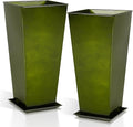 WORTH Garden 28" Large Metal Glazed Planter Set of 2, Luxurious Glossy Finish Green Tall Square Tapered Steel Plant Pots, Decor Flower Pot Indoor & Outdoor, Drainage Hole & Dual-Purpose Plant Saucer-Ruum Studio Home