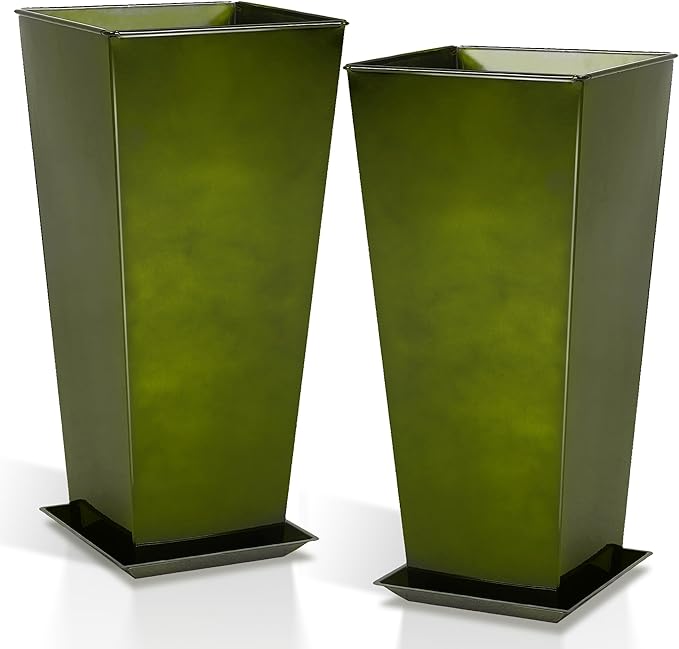 WORTH Garden 28" Large Metal Glazed Planter Set of 2, Luxurious Glossy Finish Green Tall Square Tapered Steel Plant Pots, Decor Flower Pot Indoor & Outdoor, Drainage Hole & Dual-Purpose Plant Saucer-Ruum Studio Home