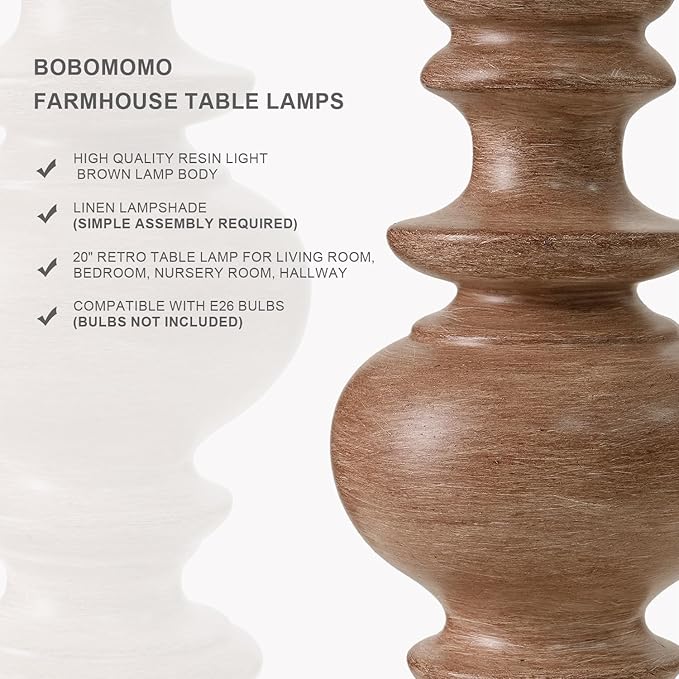 BOBOMOMO 20" Rustic Bedside Lamps Set of 2- Vintage Resin Table Lamps for Nightstands with Linen Shades, Farmhouse Lamps for Living Room, Bedroom, and Hallway (Light Brown) - Ideal for Compact Spaces-Ruum Studio Home