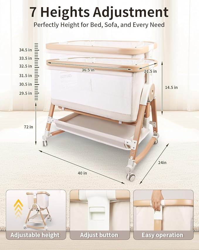 4 in 1 Baby Bassinet, Bassinets Bedside Sleeper with Wheels and Storage Basket, Adjustable 7 Heights Bedside Sleeper with Mosquito Net, Breathable Mesh Rocking Bassinet for Baby-Ruum Studio Home