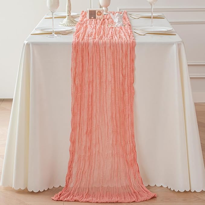 Sioloc 1 Pack Peach Coral Cheesecloth Table Runner Fall Autumn Decor for Home 10ft Table Cloth for Tea Wedding Birthday Party Baby Bridal Shower Halloween Thanksgiving-Ruum Studio Home