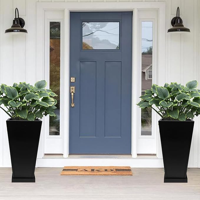 Tall Metal Planter 26" H - 2 Pack, Tall Planters with Removable Insert Shelve & Saucer Trays, Metal Outdoor Planters for Porch, Garden, Patio, Yard(Black)-Ruum Studio Home