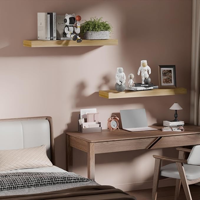 IAE Floating Wall Shelves 24 inch,Bathroom Shelves Wall Mounted,Invisible Shelves Floating Kitchen Shelves,Wooden Wall Shelves with Brackets for Living Room Wall Mounted,Easy Install,Set of 2,Natural-Ruum Studio Home