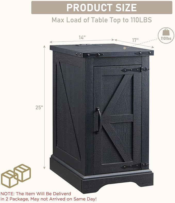 JXQTLINGMU Farmhouse Nightstand Set of 2 with Charging Station, 17" D Rectangular End Table with Barn Door & Adjustable Storage Shelf, Wood Rustic Sofa Side Table for Living Room, Bedroom, Black-Ruum Studio Home
