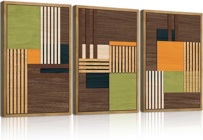 Large Modern Abstract Wall Art Set Minimalist Line Wood Wall Decor Neutral Brown Art Decor Colorful Geometric Wooden Wall Sculptures for Living Room Bedroom Office-16x24Inchx3-Ruum Studio Home
