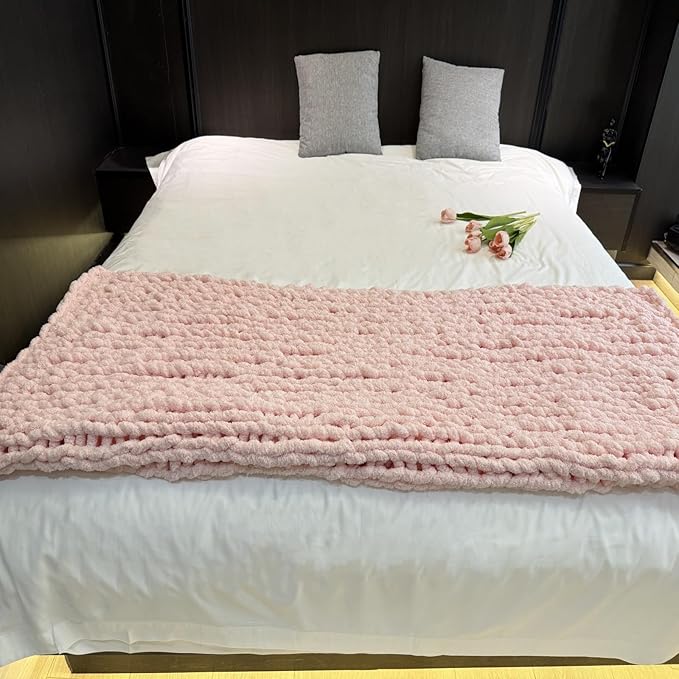 Chunky Knit Blanket Throw 40"×40", Chenille Throw Blankets, Handmade Warm & Cozy Blanket Couch Bed Home Decor, Soft Breathable Fleece Banket, Christmas for Couch Bed Sofa Best Gift (Pink)-Ruum Studio Home