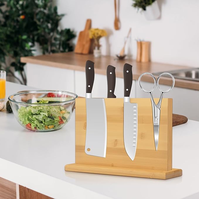 Magnetic Knife Block 28 x 19 Inches, Double Sided Magnetic Knife Holder Rack for Kitchen Counter, Acacia Wood Magnetic Knife Storage Stand with Knife Sharpener-Ruum Studio Home