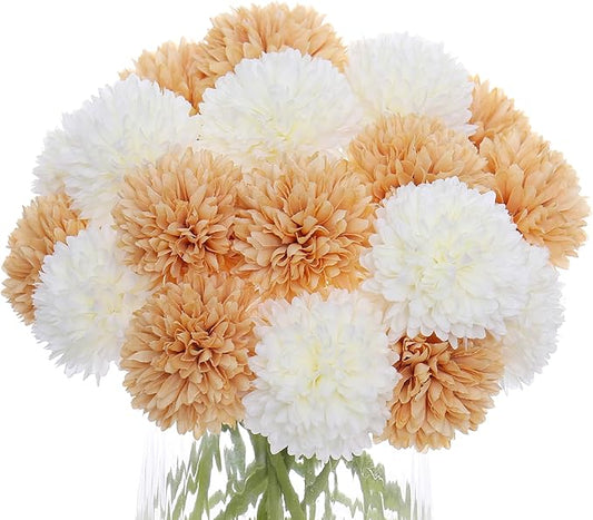 Kimura's Cabin 20Pcs Fake Mums Flowers Artificial Silk Chrysanthemum Faux Ball Flowers for Spring Wedding Arrangements Home Indoor Kitchen Table Centerpiece (White Champagne)-Ruum Studio Home
