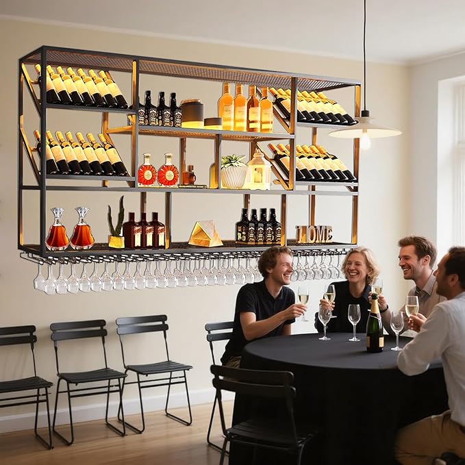 70.8Inch Wall Mounted Wine Rack, 3 Tiers Large Bar Shelves with 18 Glass Holder, Metal Wine Bottle Display Shelf, Modern Iron Liquor Shelf, for Kitchen Dining, Home Bar, Cellar (70.8" W)-Ruum Studio Home